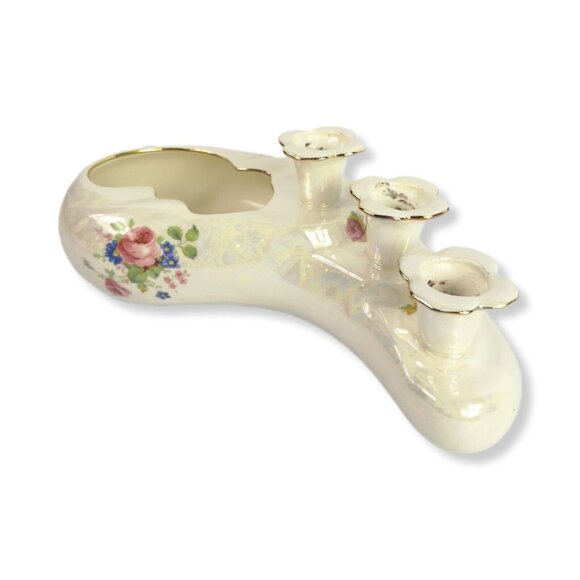 VTG 1950s Candle Holder Planter Iridescent Roses Ivory Unique Handmade Signed - Picture 1 of 15